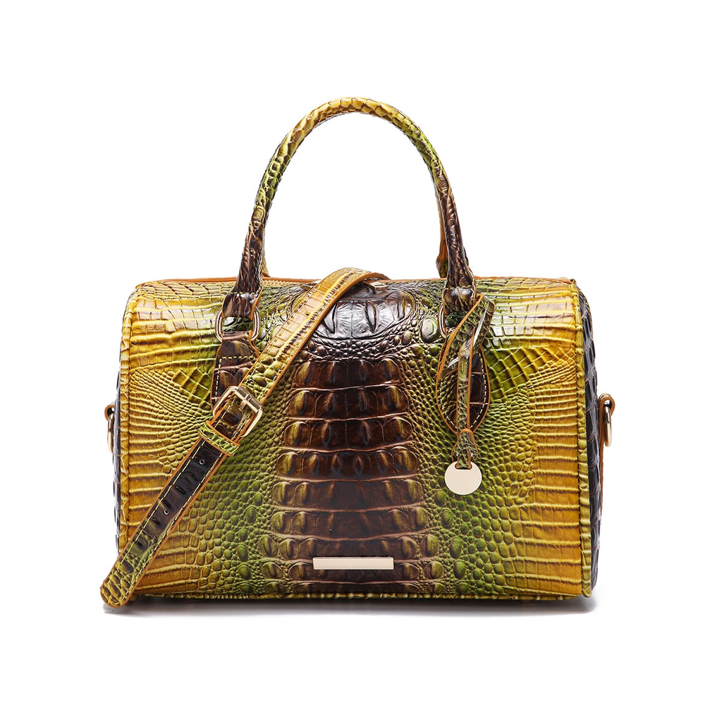 Embossed Top Handle Boston Satchel Bag with Detachable Crossbody Strap