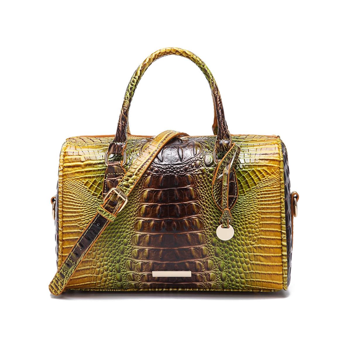 Embossed Top Handle Boston Satchel Bag with Detachable Crossbody Strap