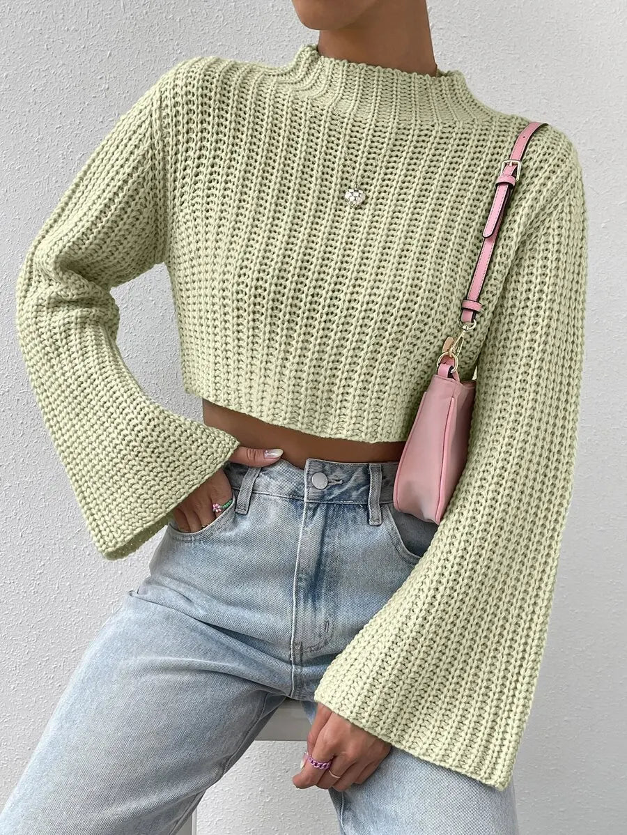 Women's Mock Neck Cropped Knit Sweater With Flared Sleeves