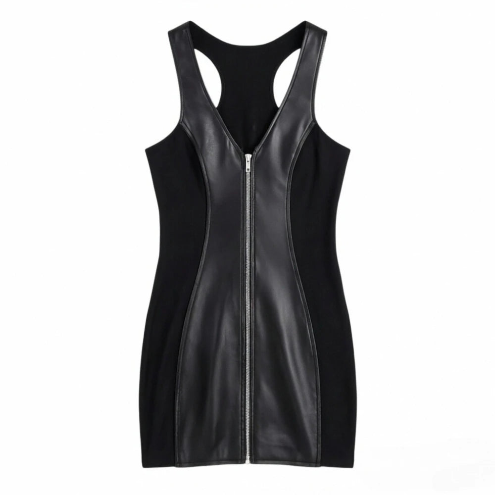 Sleek Black Faux Leather Bodycon Mini Dress with Front Zipper