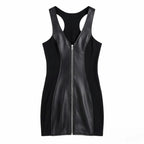 Sleek Black Faux Leather Bodycon Mini Dress with Front Zipper