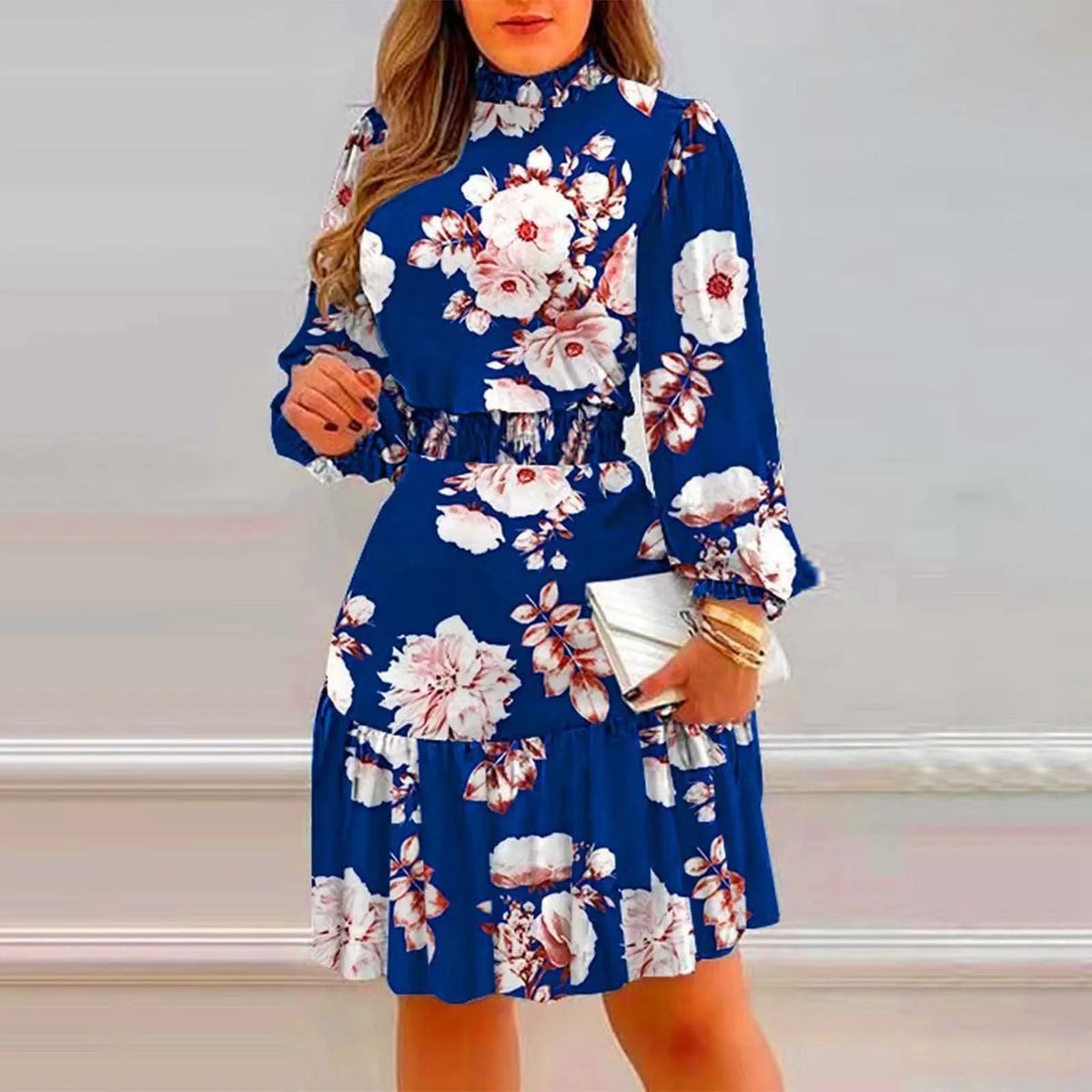 Long-Sleeve Floral Midi Dress with Mock Neckline and Gathered Cuffs