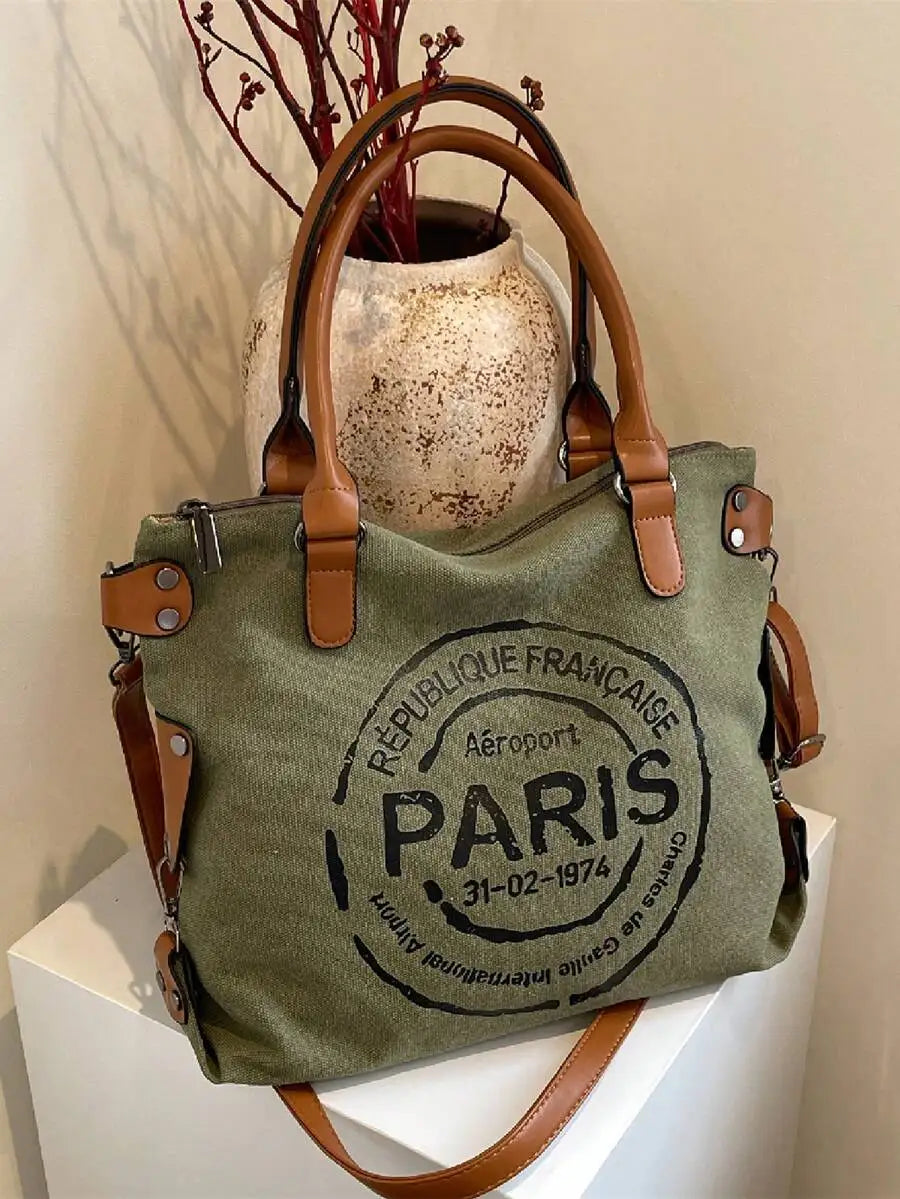 Vintage Inspired Canvas Tote Crossbody Bag with Graphic Print Design