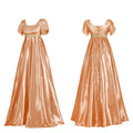 Vintage-Inspired Satin Maxi Dress with Puff Sleeves and Empire Waist