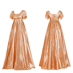 Vintage-Inspired Satin Maxi Dress with Puff Sleeves and Empire Waist