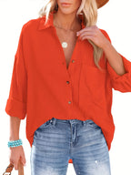 Relaxed Fit Deep Purple Button-Down Blouse with Chest Pocket and Classic Collar