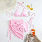 Navy Blue Three-Piece Triangle Bikini Set with Lace-Up Halter Top, Matching Bottom and Coordinated Wrap Skirt