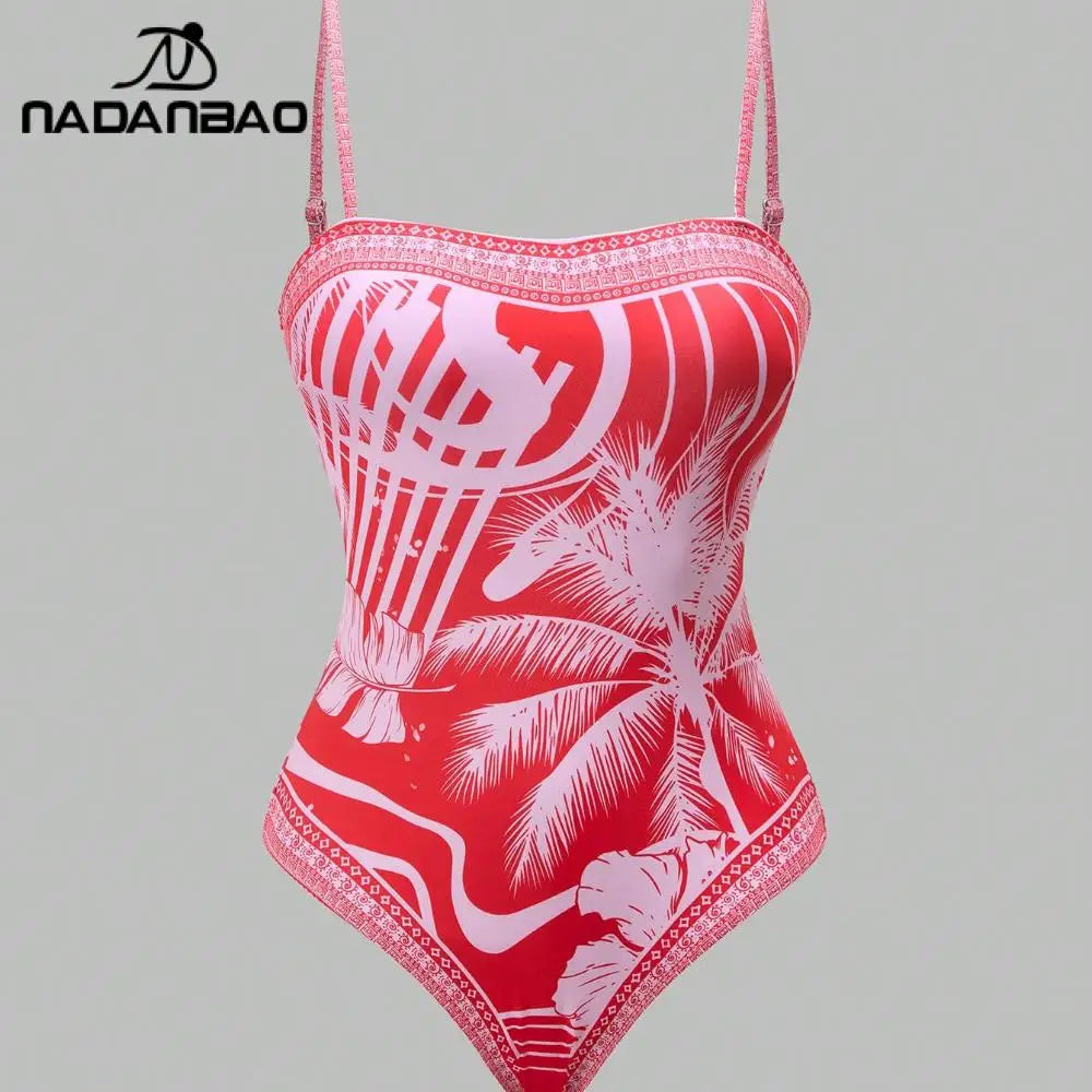 Vibrant Red Tropical Print Swimsuit and Matching Cover-Up Shorts Set