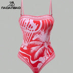 Vibrant Red Tropical Print Swimsuit and Matching Cover-Up Shorts Set