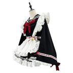 Classic Long-Sleeve Sailor Maid Dress with Ruffled Apron and Crimson Bow