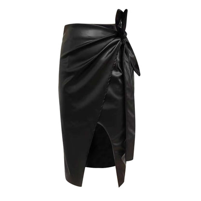 High Waist Faux Leather Midi Skirt with Side Slit Draped Detail