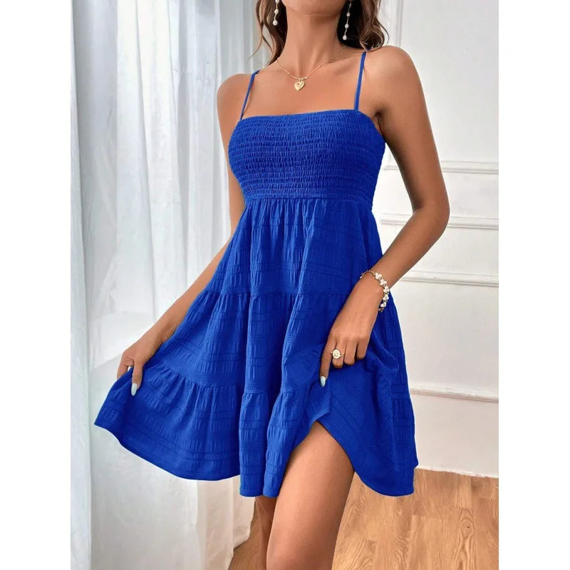 Smocked Bustier Mini Dress with Tiered Hem and Spaghetti Strap Design