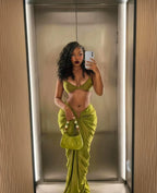 Solid Olive Green Bandeau Swim Set with Draped Maxi Skirt Cover-Up