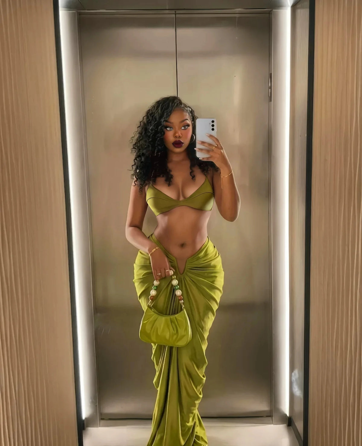 Solid Olive Green Bandeau Swim Set with Draped Maxi Skirt Cover-Up