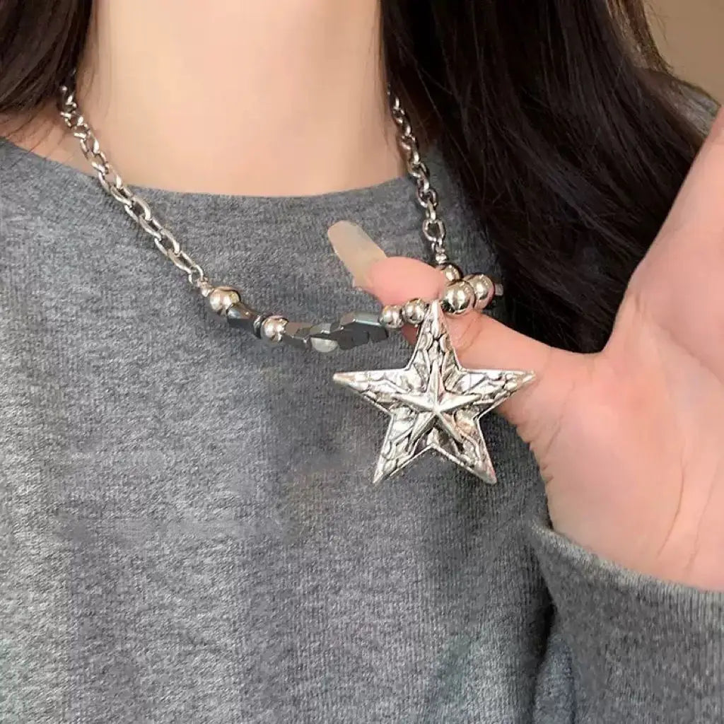 Layered Gothic Star Pendant Necklace With Grunge Beaded Chain Alternative Streetwear Styling