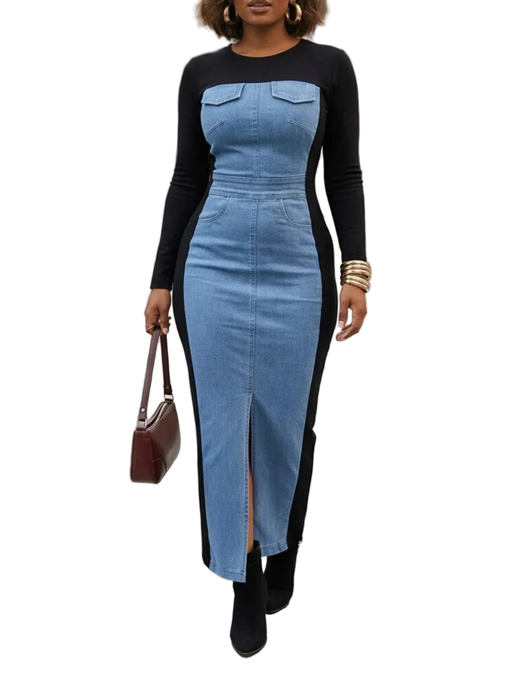 Long Sleeve Color-Block Midi Dress with Denim-Illusion Print and Front Slit