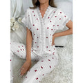 Women's Cherry Print Pajama Set with Button-Front Short-Sleeve Top and Matching Ankle-Length Pants, Lace-Trim Sleepwear