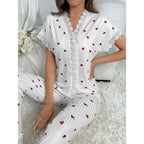 Women's Cherry Print Pajama Set with Button-Front Short-Sleeve Top and Matching Ankle-Length Pants, Lace-Trim Sleepwear