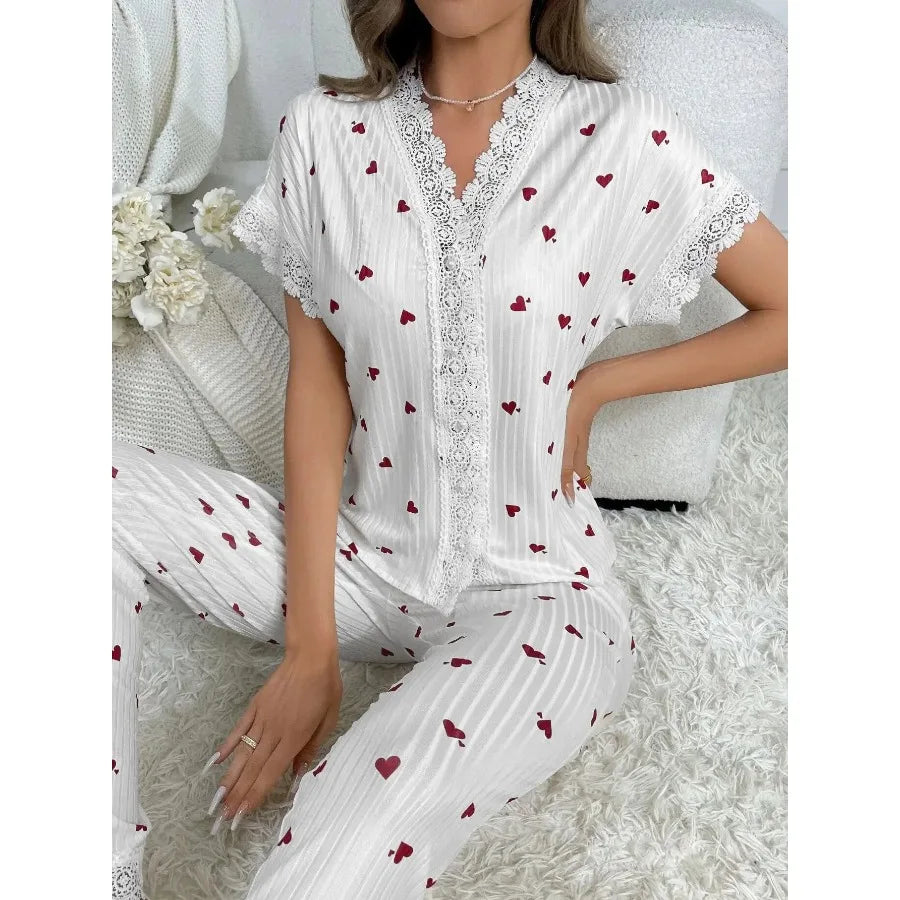 Women's Cherry Print Pajama Set with Button-Front Short-Sleeve Top and Matching Ankle-Length Pants, Lace-Trim Sleepwear