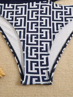 Geometric Pattern High-Waisted Bikini with Solid Navy Contrast Banding