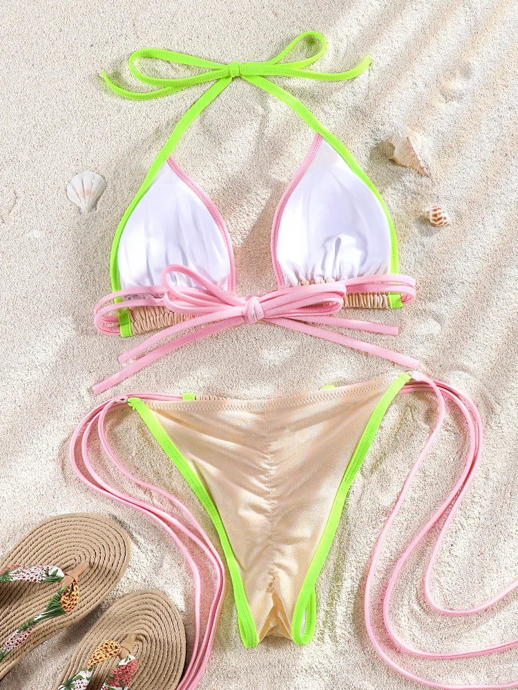 Champagne Triangle Bikini with Neon Pink and Green Contrast Ties