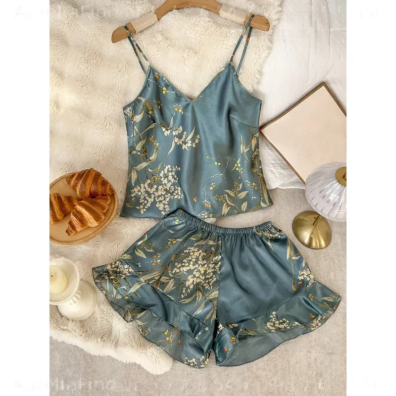 Women's Cherry-Inspired Print Cami Pajama Set with Ruffle Trim, V-Neck Spaghetti-Strap Top and Matching Shorts, Cute Loungewear