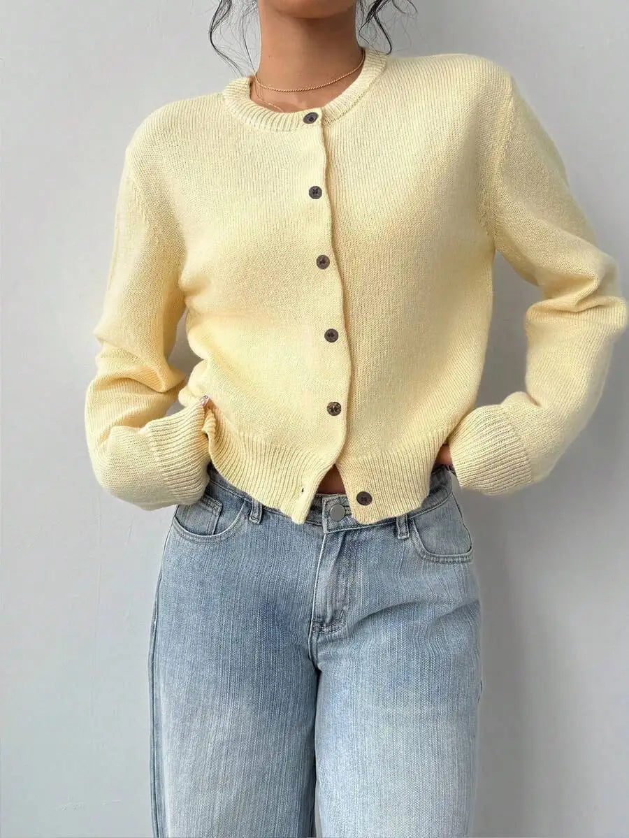Women's Cropped Crew Neck Button Front Cardigan with Soft Knit Construction