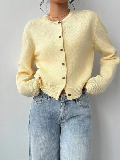 Women's Cropped Crew Neck Button Front Cardigan with Soft Knit Construction