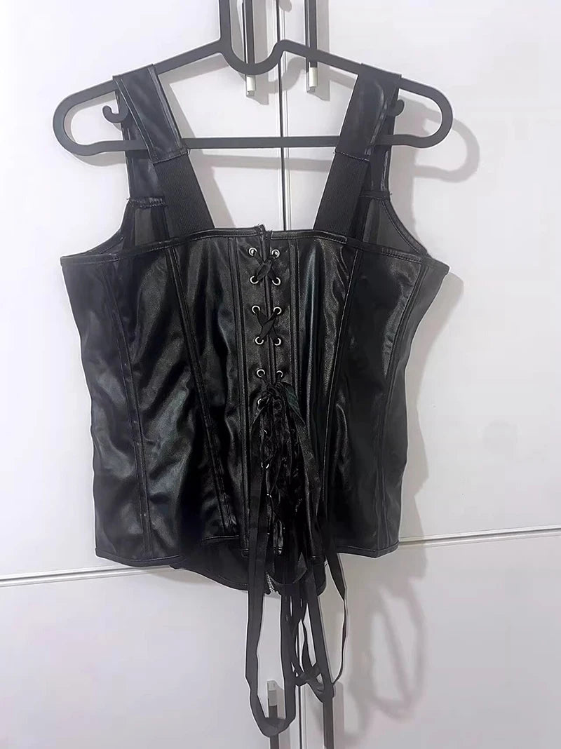 Faux Leather Overbust Harness Corset with Metallic Buckles and Zipper Detail