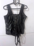 Faux Leather Overbust Harness Corset with Metallic Buckles and Zipper Detail