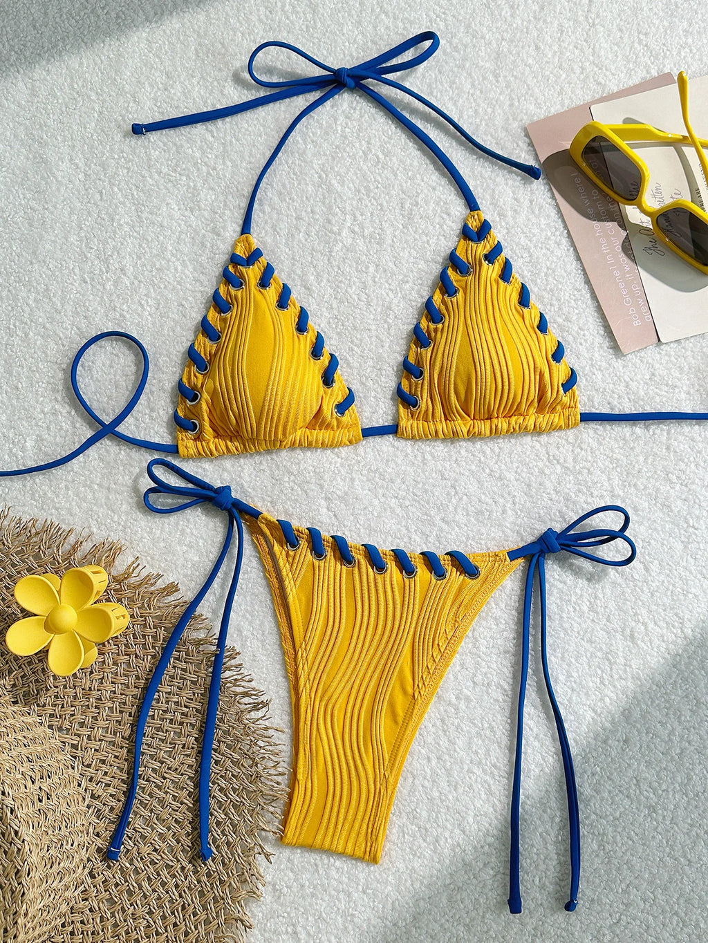 Textured Cream Triangle String Bikini with Shell-Inspired Embellishments