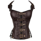 Brown Faux Leather Steampunk Halter Corset with Metal Buckles and Side Lacing