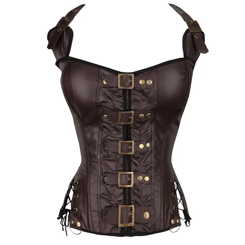 Brown Faux Leather Steampunk Halter Corset with Metal Buckles and Side Lacing