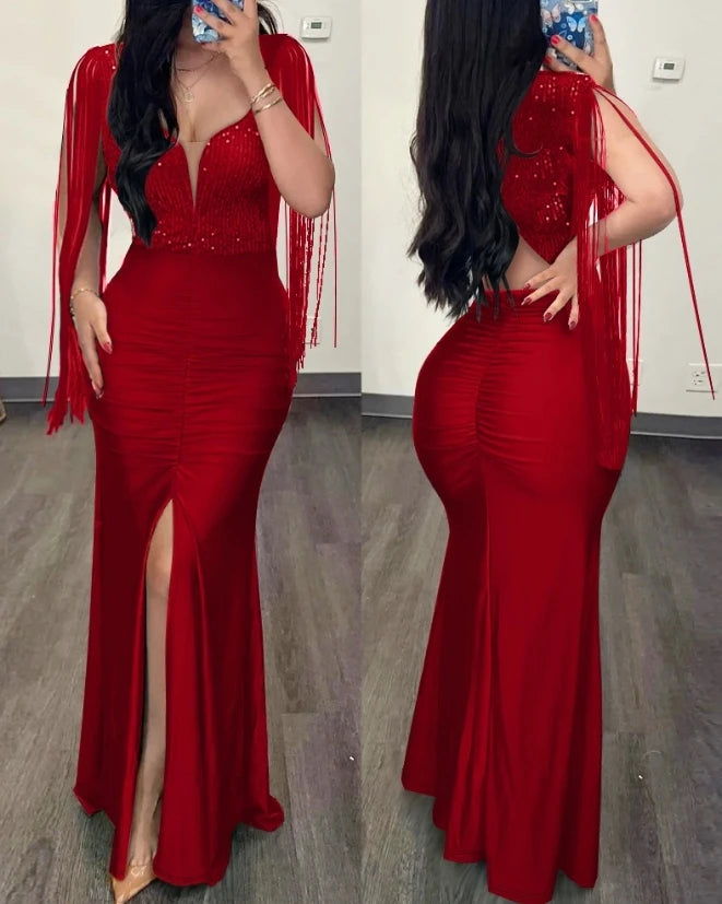 Ruched Sequin Evening Dress With Floor Length Silhouette And Slit