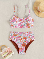 Vintage-Inspired Floral Print High-Waisted Bikini with Bralette Top