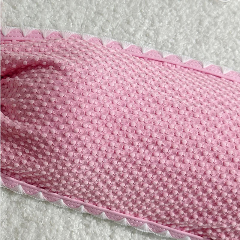 Textured Pink Bandeau String Bikini with Scalloped Ruffle Trim