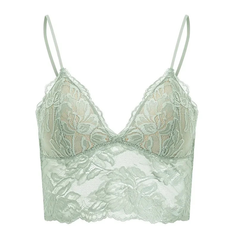 French Eyelash Lace Longline Triangle Bralette and Scalloped Low-Rise Hipster Panty Set