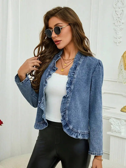 Women's Cropped Ruffle Trim Denim Jacket with Modern Slim Fit Silhouette