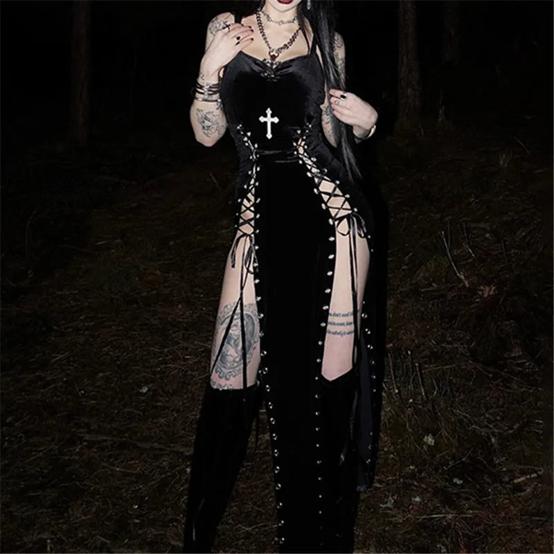 Dark Gothic Split-Leg Maxi Dress with Alternative Streetwear Aesthetic