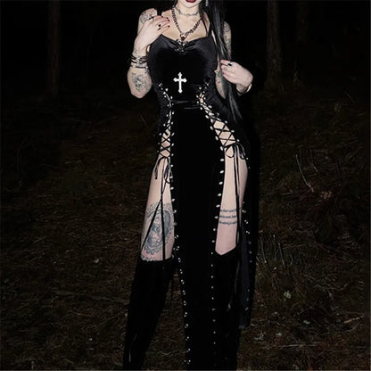Dark Gothic Split-Leg Maxi Dress with Alternative Streetwear Aesthetic