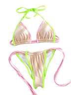 Champagne Triangle Bikini with Neon Pink and Green Contrast Ties