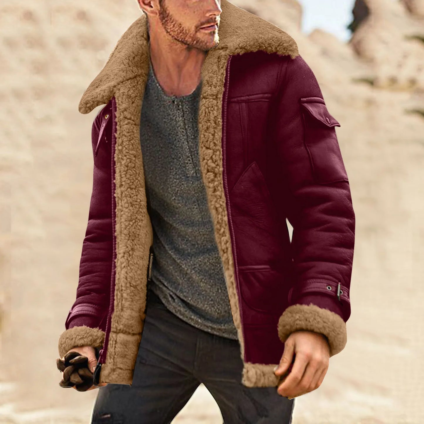 Men's Faux Suede Sherpa Lined Zip Jacket with Turn Down Collar for Rugged Casual Style