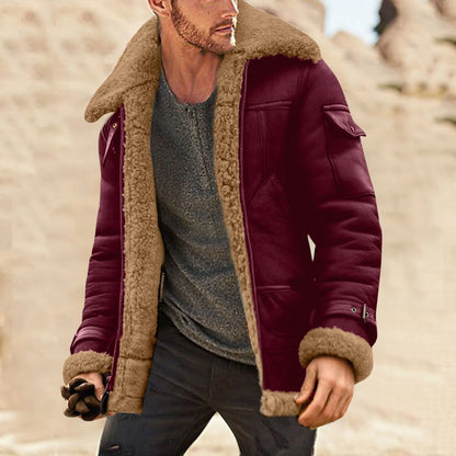 Men's Faux Suede Sherpa Lined Zip Jacket with Turn Down Collar for Rugged Casual Style