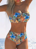 Tropical Floral and Leopard Print Bandeau Bikini Set with Mid-Waist Bottoms