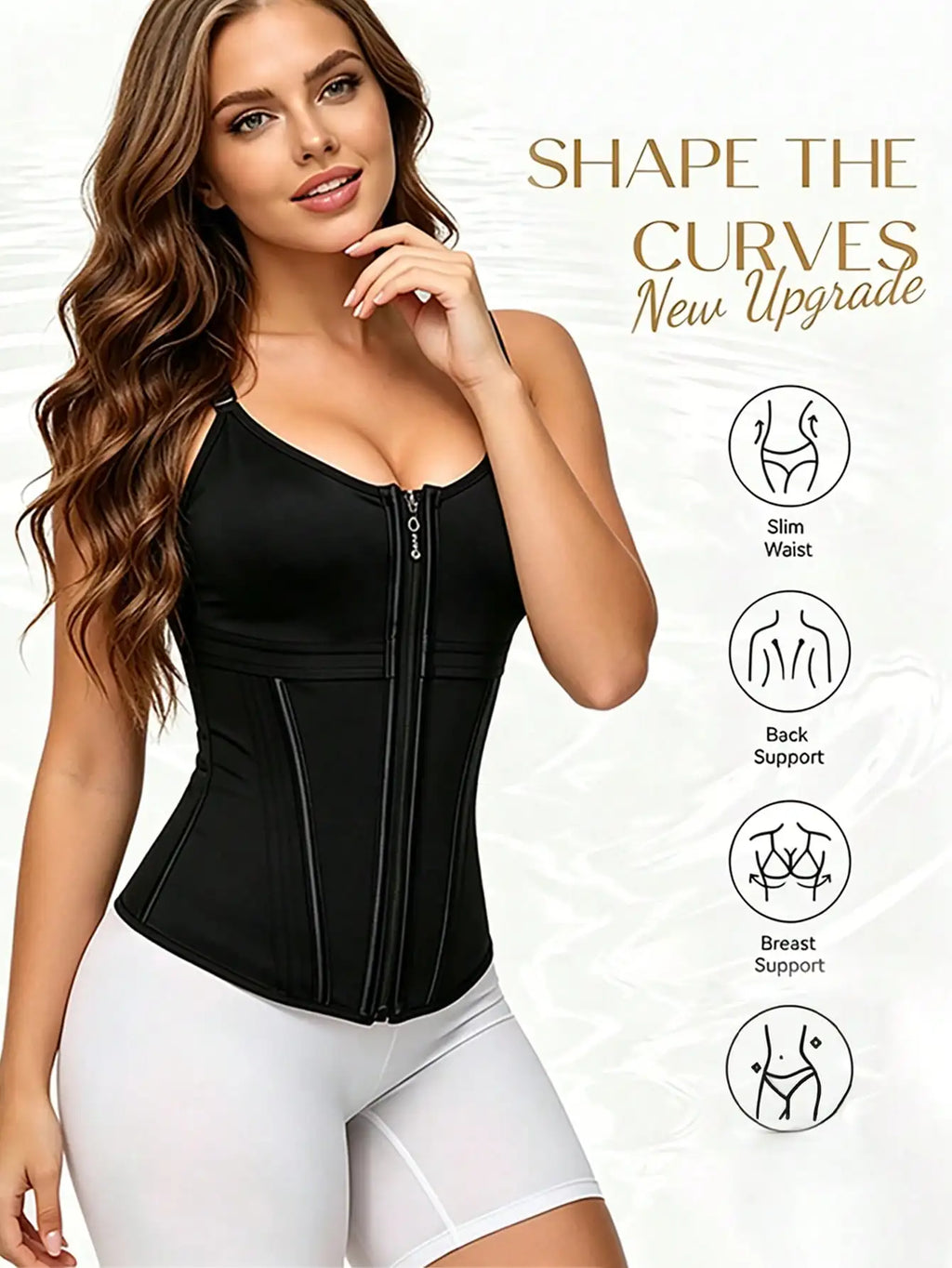 Firm Control Zip-Front Waist Cincher Vest with Structured Boning and Adjustable Straps