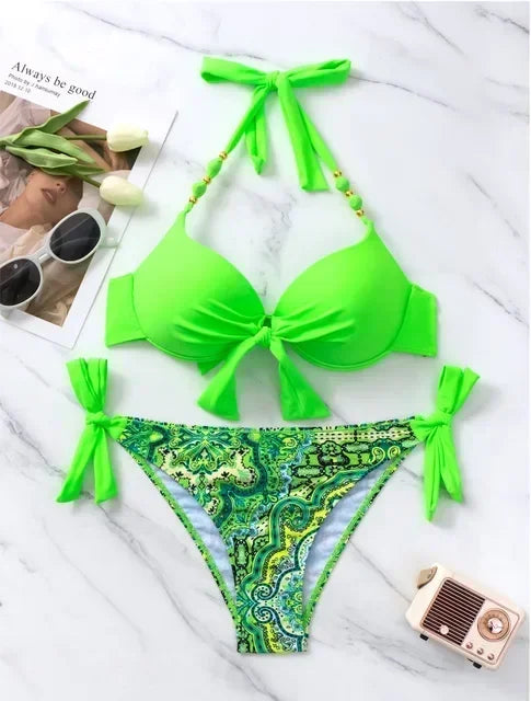 Vibrant Turquoise Underwire Bikini with Mixed Animal Print Bottoms