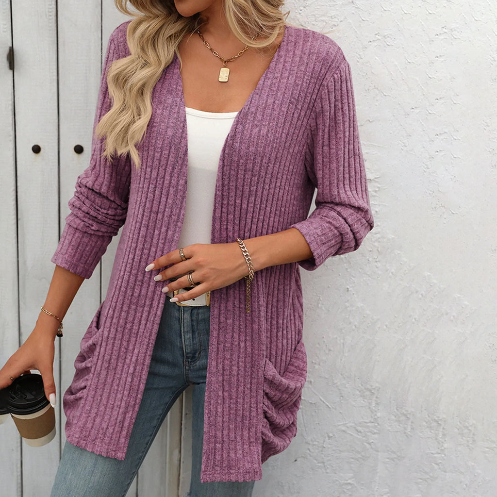 Women's Open Front Knit Cardigan with Pockets and Relaxed Longline Fit