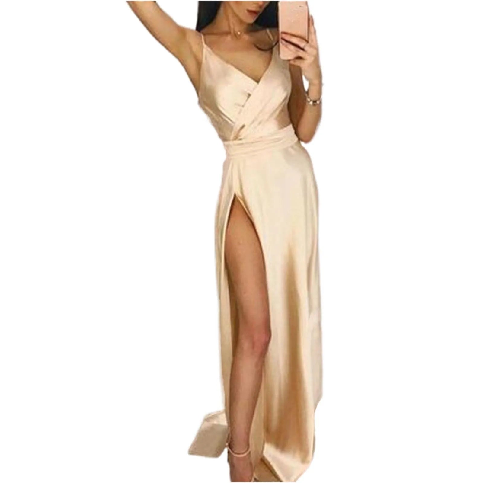 Satin Inspired Maxi Dress With Deep Neckline And Side Slit