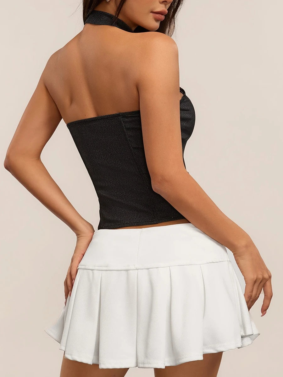 Color Block Halter Corset-Inspired Crop Top with Button Front and Structured Fit