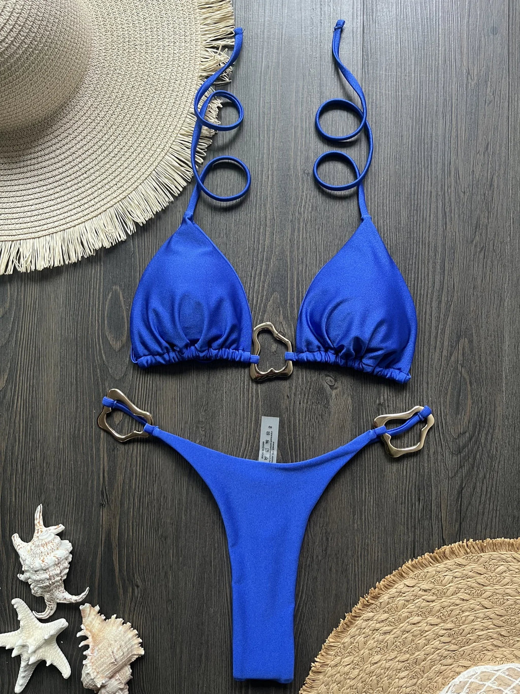 Vibrant Red String Bikini Set with Abstract Gold-Tone Hardware